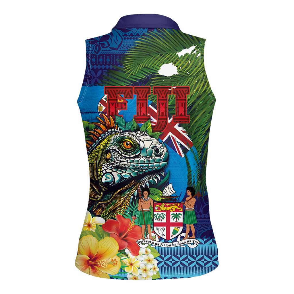 Fiji Iguana-Coat of Arms Women Sleeveless Polo Shirt with Hibiscus and Plumeria Palm Tree Tapa Art LT03 - Polynesian Pride
