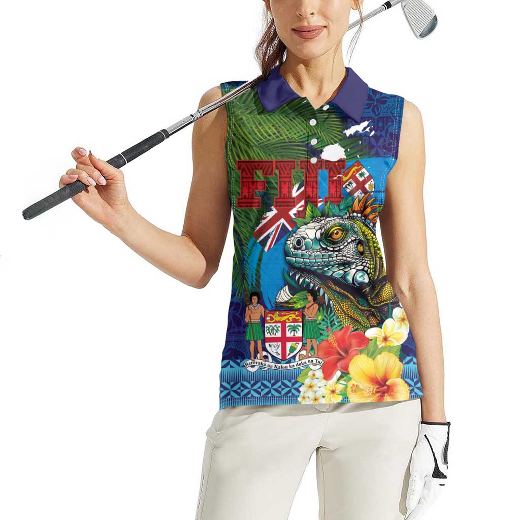 Fiji Iguana-Coat of Arms Women Sleeveless Polo Shirt with Hibiscus and Plumeria Palm Tree Tapa Art LT03 - Polynesian Pride