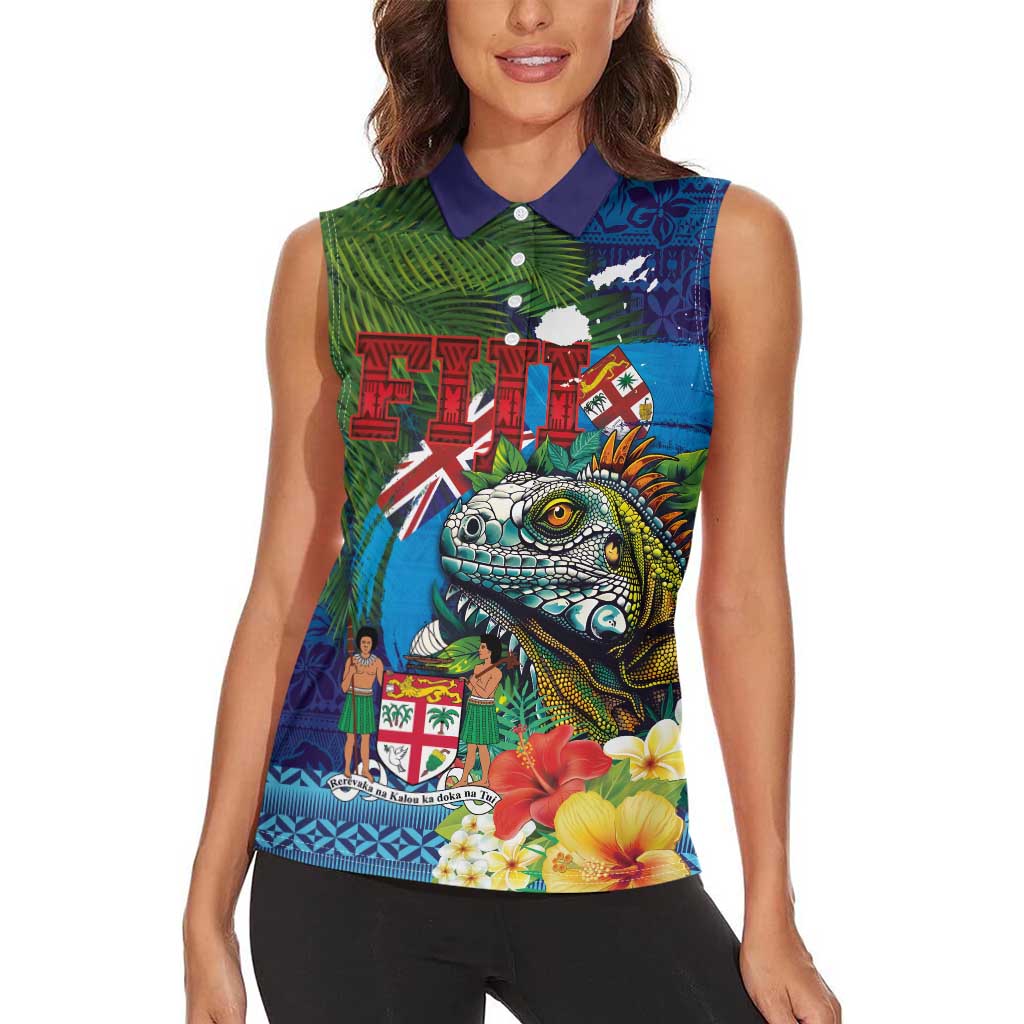 Fiji Iguana-Coat of Arms Women Sleeveless Polo Shirt with Hibiscus and Plumeria Palm Tree Tapa Art LT03 - Polynesian Pride