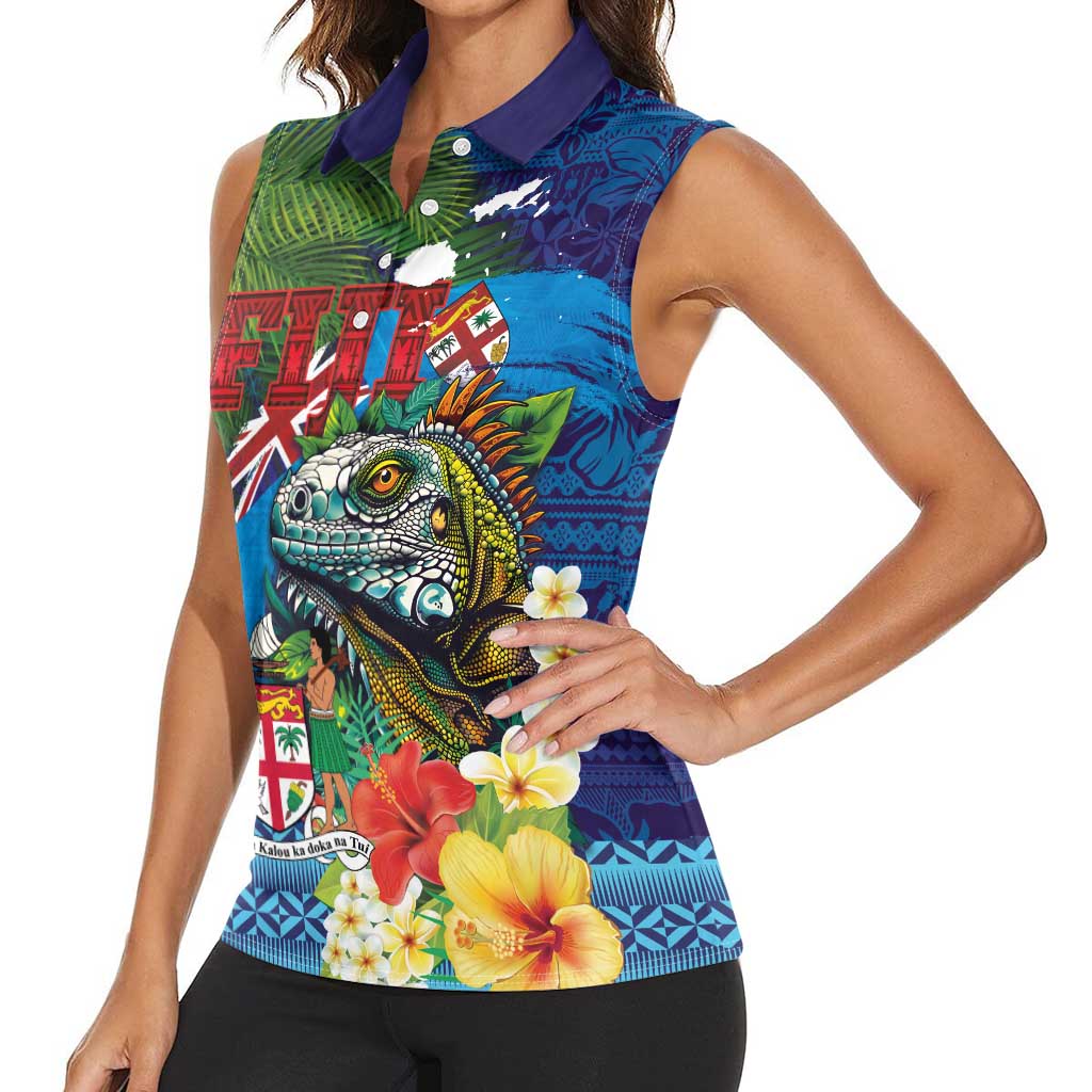 Fiji Iguana-Coat of Arms Women Sleeveless Polo Shirt with Hibiscus and Plumeria Palm Tree Tapa Art LT03 - Polynesian Pride