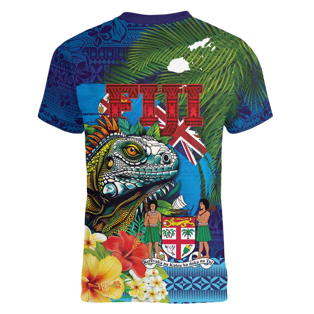 Fiji Iguana-Coat of Arms Women V-Neck T-Shirt with Hibiscus and Plumeria Palm Tree Tapa Art LT03 - Polynesian Pride