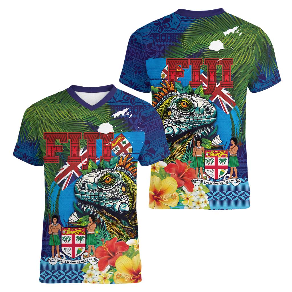 Fiji Iguana-Coat of Arms Women V-Neck T-Shirt with Hibiscus and Plumeria Palm Tree Tapa Art LT03 - Polynesian Pride