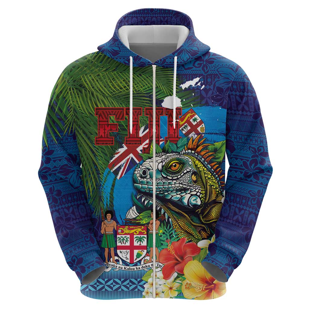 Fiji Iguana-Coat of Arms Zip Hoodie with Hibiscus and Plumeria Palm Tree Tapa Art LT03 - Polynesian Pride