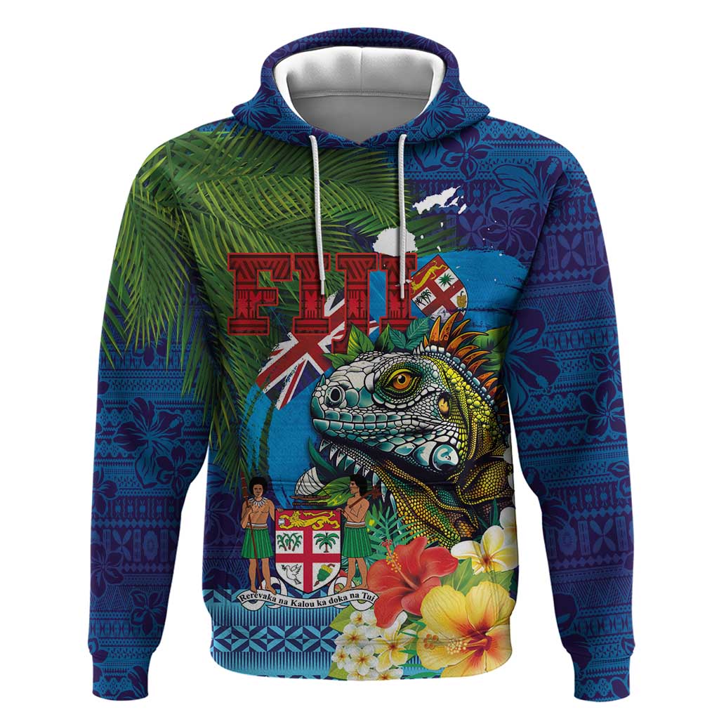 Fiji Iguana-Coat of Arms Zip Hoodie with Hibiscus and Plumeria Palm Tree Tapa Art LT03 Pullover Hoodie Blue - Polynesian Pride