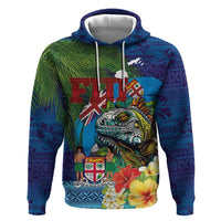 Fiji Iguana-Coat of Arms Zip Hoodie with Hibiscus and Plumeria Palm Tree Tapa Art LT03 Pullover Hoodie Blue - Polynesian Pride