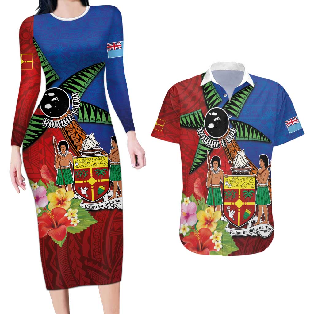 Personalised Fiji and Rotuma Together Couples Matching Long Sleeve Bodycon Dress and Hawaiian Shirt Fjian Masi and Pacific Pattern Mix Culture LT03 Red - Polynesian Pride