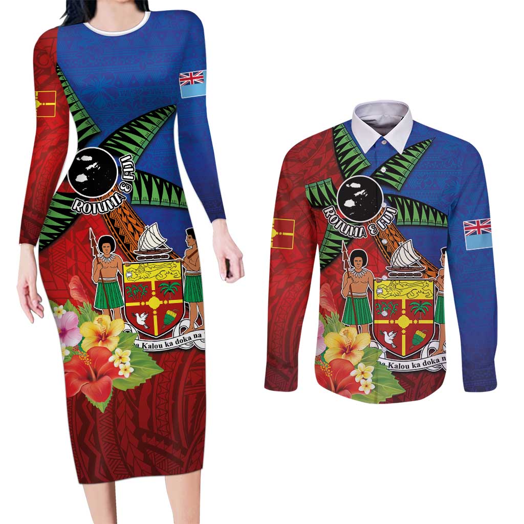 Personalised Fiji and Rotuma Together Couples Matching Long Sleeve Bodycon Dress and Long Sleeve Button Shirt Fjian Masi and Pacific Pattern Mix Culture LT03 Red - Polynesian Pride