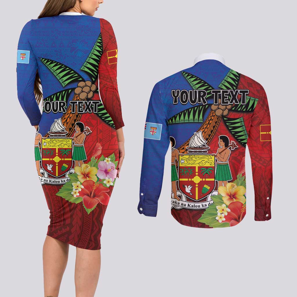 Personalised Fiji and Rotuma Together Couples Matching Long Sleeve Bodycon Dress and Long Sleeve Button Shirt Fjian Masi and Pacific Pattern Mix Culture LT03 - Polynesian Pride