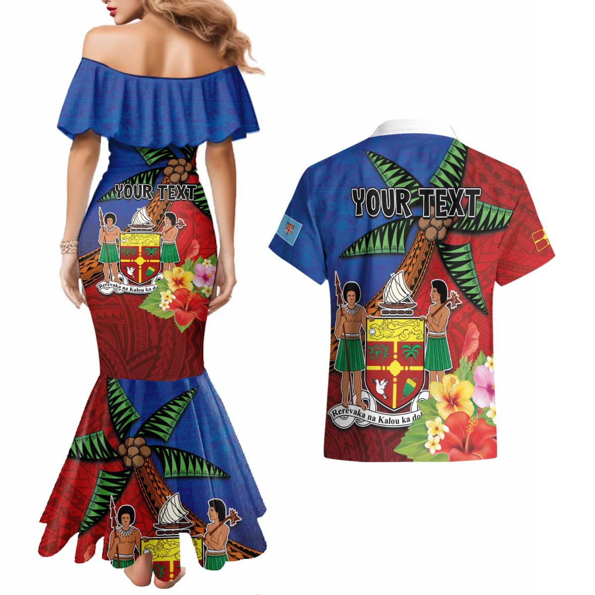 Personalised Fiji and Rotuma Together Couples Matching Mermaid Dress and Hawaiian Shirt Fjian Masi and Pacific Pattern Mix Culture LT03 - Polynesian Pride