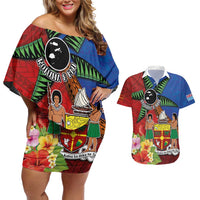 Personalised Fiji and Rotuma Together Couples Matching Off Shoulder Short Dress and Hawaiian Shirt Fjian Masi and Pacific Pattern Mix Culture LT03 Red - Polynesian Pride