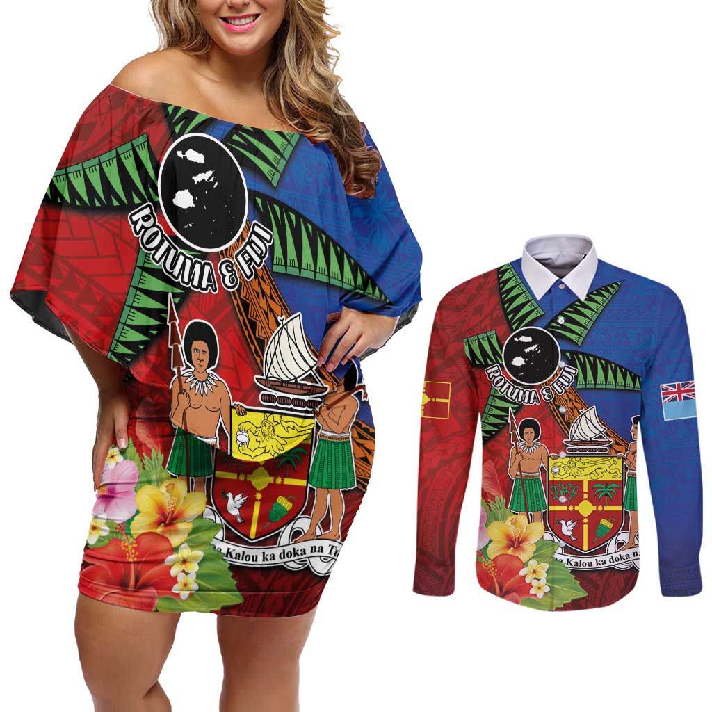 Personalised Fiji and Rotuma Together Couples Matching Off Shoulder Short Dress and Long Sleeve Button Shirt Fjian Masi and Pacific Pattern Mix Culture