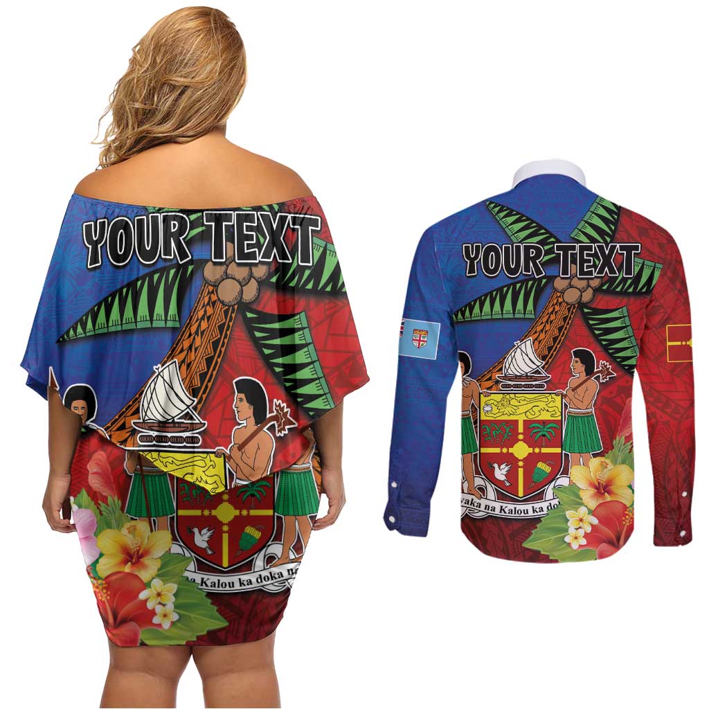 Personalised Fiji and Rotuma Together Couples Matching Off Shoulder Short Dress and Long Sleeve Button Shirt Fjian Masi and Pacific Pattern Mix Culture LT03 - Polynesian Pride