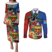 Personalised Fiji and Rotuma Together Couples Matching Puletasi and Long Sleeve Button Shirt Fjian Masi and Pacific Pattern Mix Culture LT03 Red - Polynesian Pride