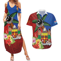 Personalised Fiji and Rotuma Together Couples Matching Summer Maxi Dress and Hawaiian Shirt Fjian Masi and Pacific Pattern Mix Culture LT03 Red - Polynesian Pride