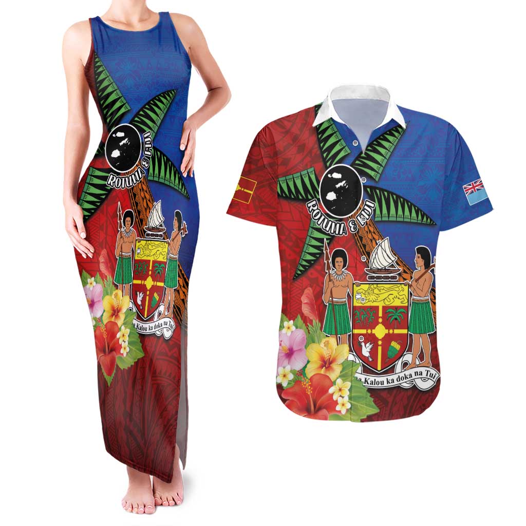 Personalised Fiji and Rotuma Together Couples Matching Tank Maxi Dress and Hawaiian Shirt Fjian Masi and Pacific Pattern Mix Culture LT03 Red - Polynesian Pride