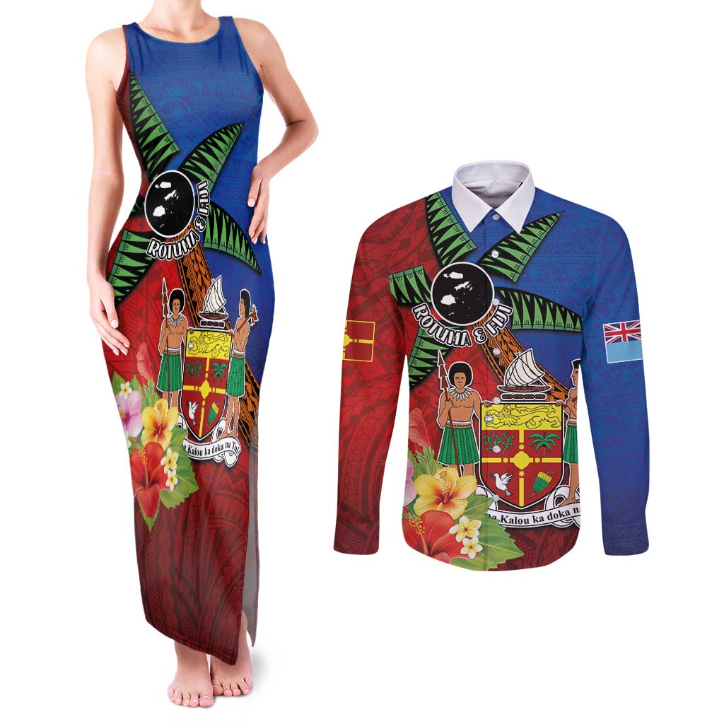 Personalised Fiji and Rotuma Together Couples Matching Tank Maxi Dress and Long Sleeve Button Shirt Fjian Masi and Pacific Pattern Mix Culture