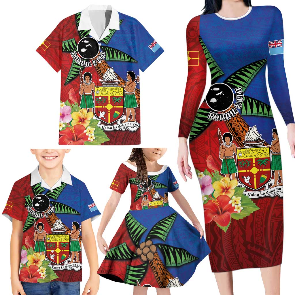 Personalised Fiji and Rotuma Together Family Matching Long Sleeve Bodycon Dress and Hawaiian Shirt Fjian Masi and Pacific Pattern Mix Culture LT03 - Polynesian Pride