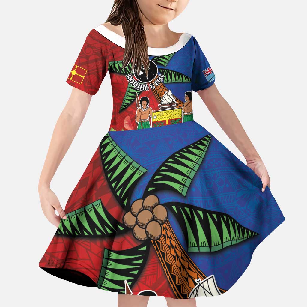 Personalised Fiji and Rotuma Together Family Matching Mermaid Dress and Hawaiian Shirt Fjian Masi and Pacific Pattern Mix Culture LT03 Daughter's Dress Red - Polynesian Pride