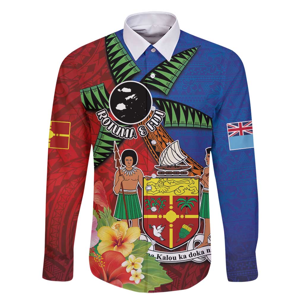 Personalised Fiji and Rotuma Together Family Matching Mermaid Dress and Hawaiian Shirt Fjian Masi and Pacific Pattern Mix Culture LT03 Dad's Shirt - Long Sleeve Red - Polynesian Pride