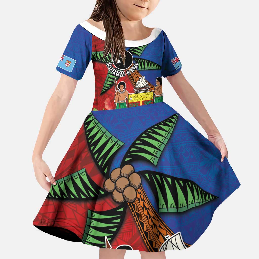 Personalised Fiji and Rotuma Together Family Matching Off Shoulder Maxi Dress and Hawaiian Shirt Fjian Masi and Pacific Pattern Mix Culture LT03 Daughter's Dress Red - Polynesian Pride