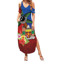 Personalised Fiji and Rotuma Together Family Matching Summer Maxi Dress and Hawaiian Shirt Fjian Masi and Pacific Pattern Mix Culture LT03 Mom's Dress Red - Polynesian Pride