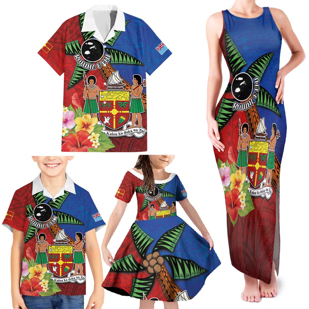 Personalised Fiji and Rotuma Together Family Matching Tank Maxi Dress and Hawaiian Shirt Fjian Masi and Pacific Pattern Mix Culture LT03 - Polynesian Pride