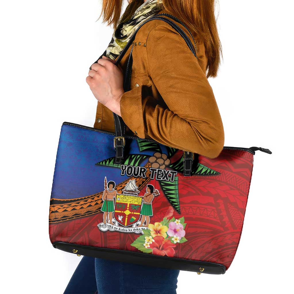 Personalised Fiji and Rotuma Together Leather Tote Bag Fjian Masi and Pacific Pattern Mix Culture LT03 Red - Polynesian Pride