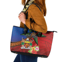 Personalised Fiji and Rotuma Together Leather Tote Bag Fjian Masi and Pacific Pattern Mix Culture LT03 Red - Polynesian Pride