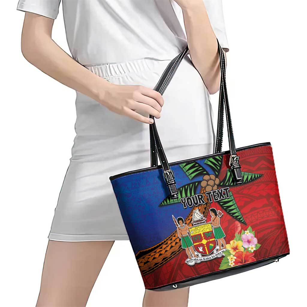 Personalised Fiji and Rotuma Together Leather Tote Bag Fjian Masi and Pacific Pattern Mix Culture LT03 - Polynesian Pride