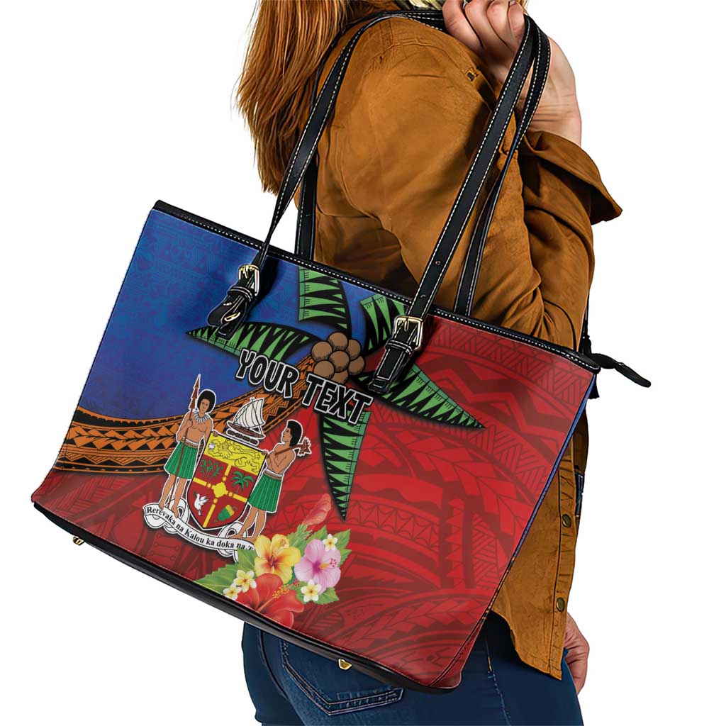 Personalised Fiji and Rotuma Together Leather Tote Bag Fjian Masi and Pacific Pattern Mix Culture LT03 - Polynesian Pride
