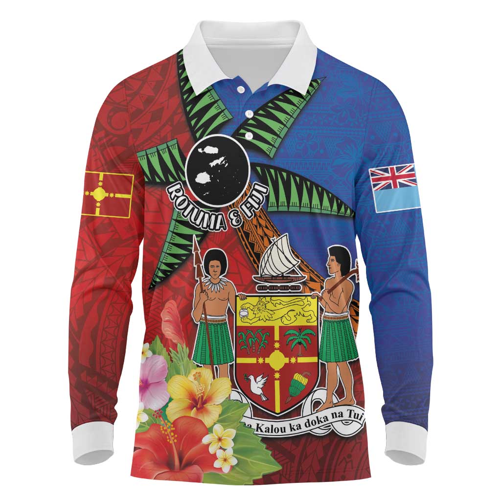 Personalised Fiji and Rotuma Together Long Sleeve Polo Shirt Fjian Masi and Pacific Pattern Mix Culture LT03 Red - Polynesian Pride