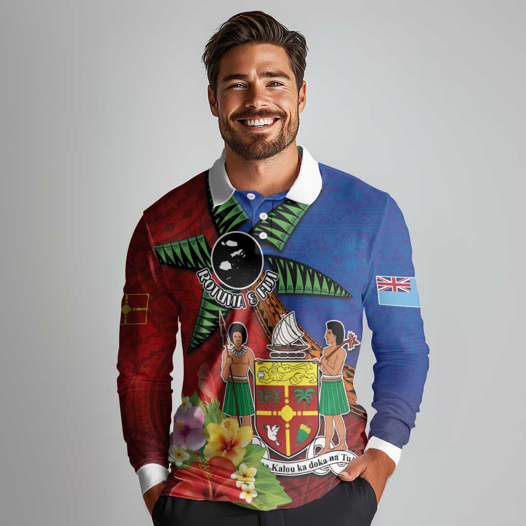 Personalised Fiji and Rotuma Together Long Sleeve Polo Shirt Fjian Masi and Pacific Pattern Mix Culture LT03 - Polynesian Pride