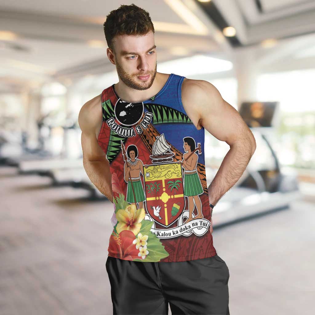 Personalised Fiji and Rotuma Together Men Tank Top Fjian Masi and Pacific Pattern Mix Culture LT03 Red - Polynesian Pride