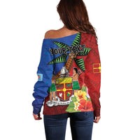 Personalised Fiji and Rotuma Together Off Shoulder Sweater Fjian Masi and Pacific Pattern Mix Culture LT03 - Polynesian Pride