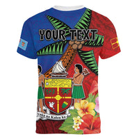 Personalised Fiji and Rotuma Together Women V-Neck T-Shirt Fjian Masi and Pacific Pattern Mix Culture LT03 - Polynesian Pride