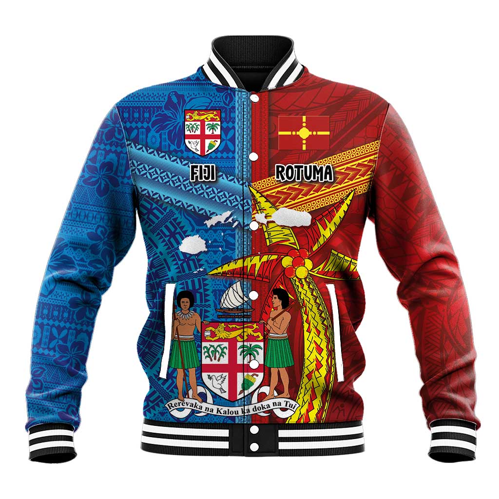 Personalised Fiji and Rotuma Together Baseball Jacket Tapa and Pacific Art Pattern with Cultural Emblems Half Style