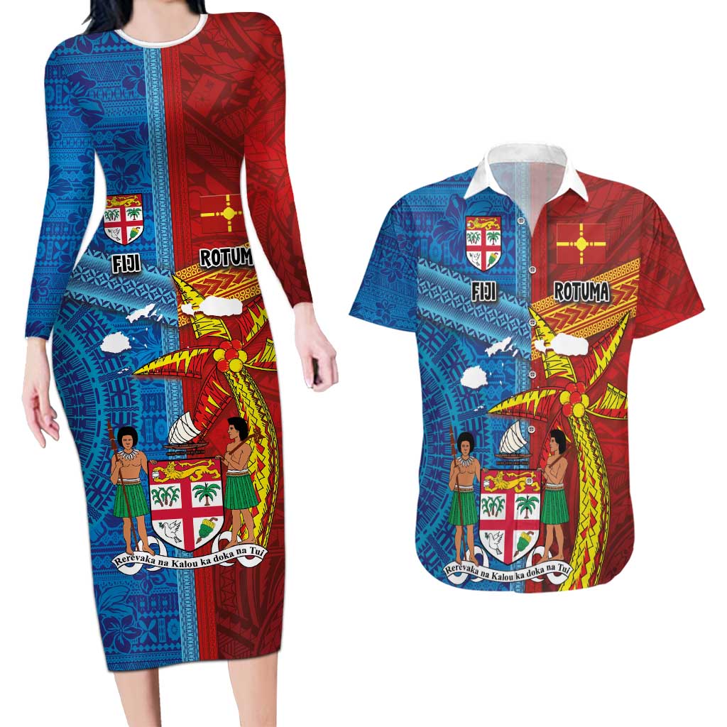 Personalised Fiji and Rotuma Together Couples Matching Long Sleeve Bodycon Dress and Hawaiian Shirt Tapa and Pacific Art Pattern with Cultural Emblems Half Style LT03 Red - Polynesian Pride