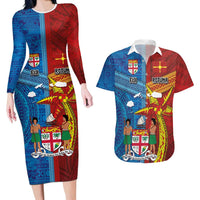 Personalised Fiji and Rotuma Together Couples Matching Long Sleeve Bodycon Dress and Hawaiian Shirt Tapa and Pacific Art Pattern with Cultural Emblems Half Style LT03 Red - Polynesian Pride