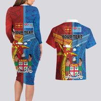 Personalised Fiji and Rotuma Together Couples Matching Long Sleeve Bodycon Dress and Hawaiian Shirt Tapa and Pacific Art Pattern with Cultural Emblems Half Style LT03 - Polynesian Pride