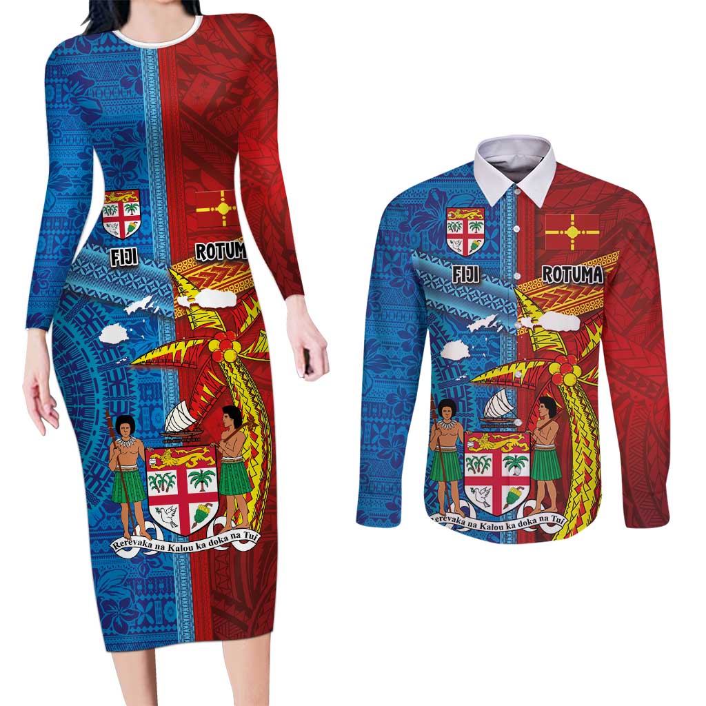 Personalised Fiji and Rotuma Together Couples Matching Long Sleeve Bodycon Dress and Long Sleeve Button Shirt Tapa and Pacific Art Pattern with Cultural Emblems Half Style LT03 Red - Polynesian Pride