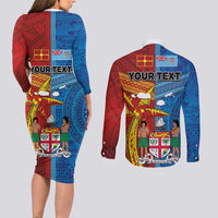 Personalised Fiji and Rotuma Together Couples Matching Long Sleeve Bodycon Dress and Long Sleeve Button Shirt Tapa and Pacific Art Pattern with Cultural Emblems Half Style LT03 - Polynesian Pride