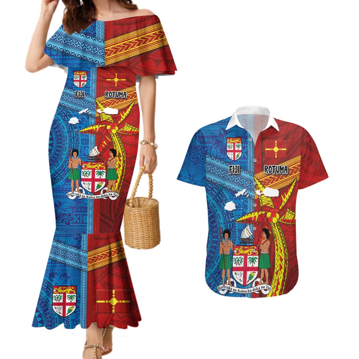 Personalised Fiji and Rotuma Together Couples Matching Mermaid Dress and Hawaiian Shirt Tapa and Pacific Art Pattern with Cultural Emblems Half Style LT03 Red - Polynesian Pride