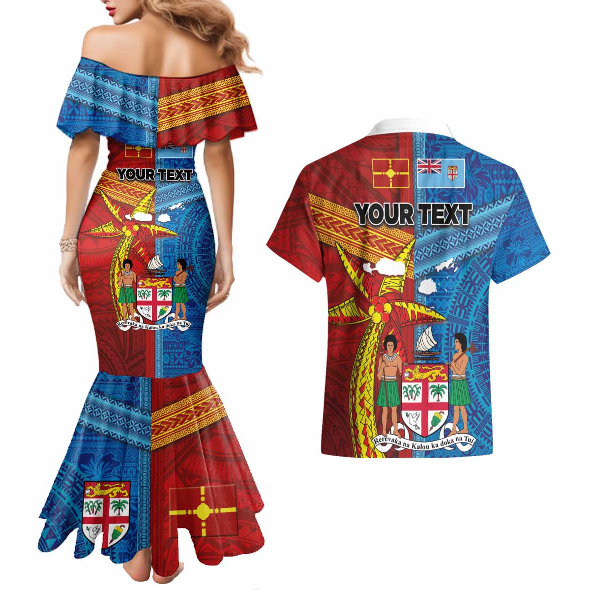 Personalised Fiji and Rotuma Together Couples Matching Mermaid Dress and Hawaiian Shirt Tapa and Pacific Art Pattern with Cultural Emblems Half Style LT03 - Polynesian Pride