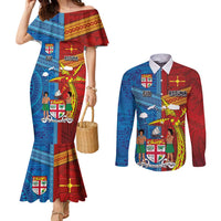 Personalised Fiji and Rotuma Together Couples Matching Mermaid Dress and Long Sleeve Button Shirt Tapa and Pacific Art Pattern with Cultural Emblems Half Style LT03 Red - Polynesian Pride