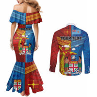 Personalised Fiji and Rotuma Together Couples Matching Mermaid Dress and Long Sleeve Button Shirt Tapa and Pacific Art Pattern with Cultural Emblems Half Style LT03 - Polynesian Pride
