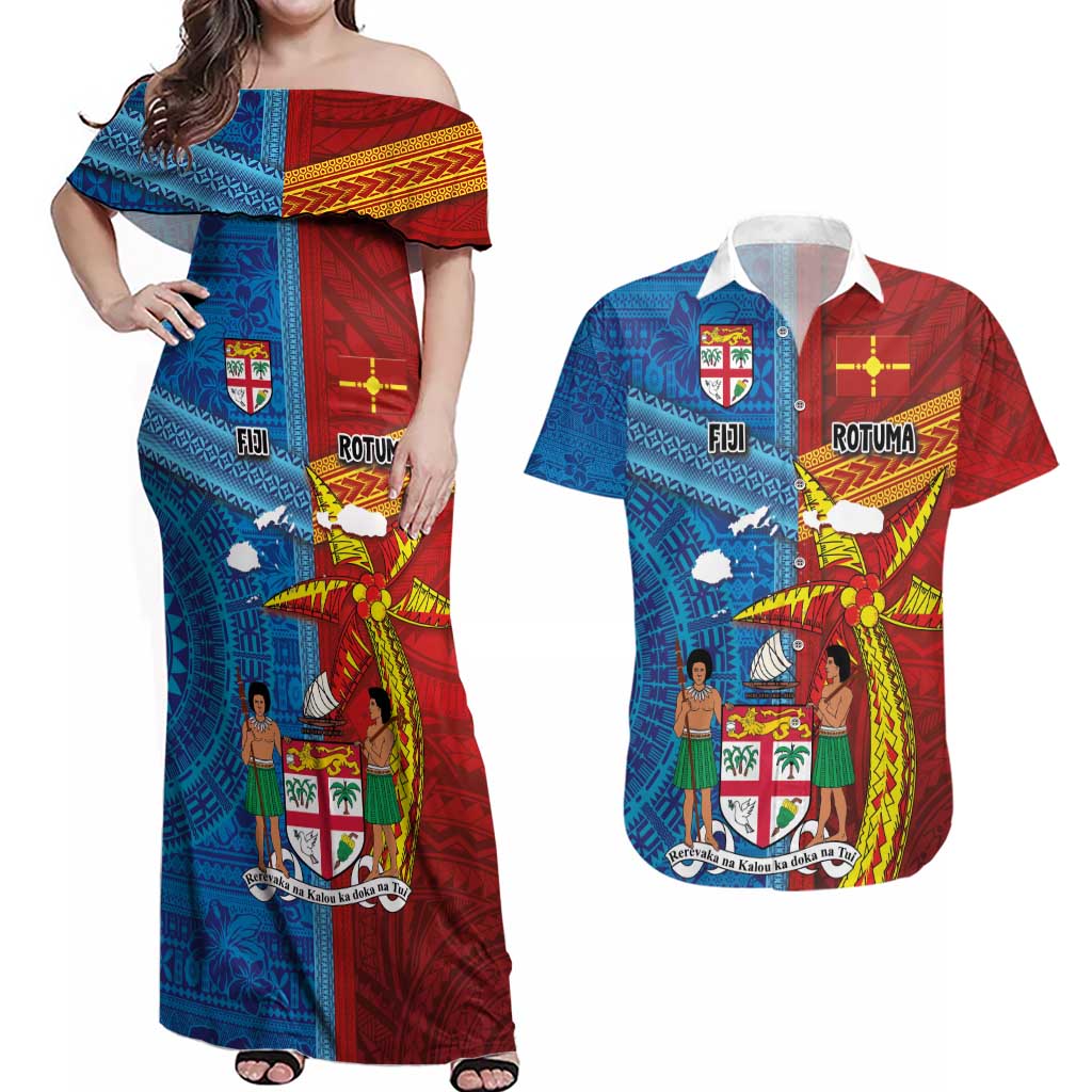 Personalised Fiji and Rotuma Together Couples Matching Off Shoulder Maxi Dress and Hawaiian Shirt Tapa and Pacific Art Pattern with Cultural Emblems Half Style LT03 Red - Polynesian Pride