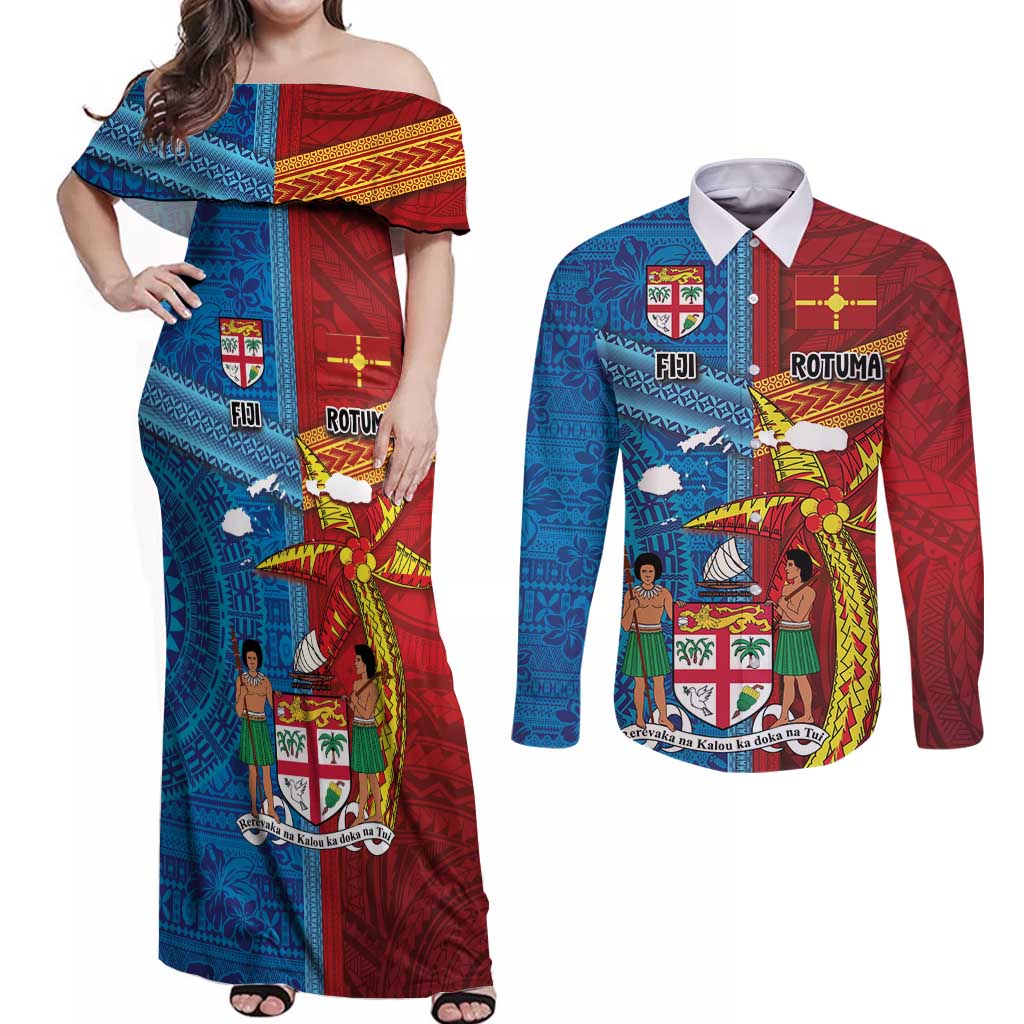 Personalised Fiji and Rotuma Together Couples Matching Off Shoulder Maxi Dress and Long Sleeve Button Shirt Tapa and Pacific Art Pattern with Cultural Emblems Half Style LT03 Red - Polynesian Pride