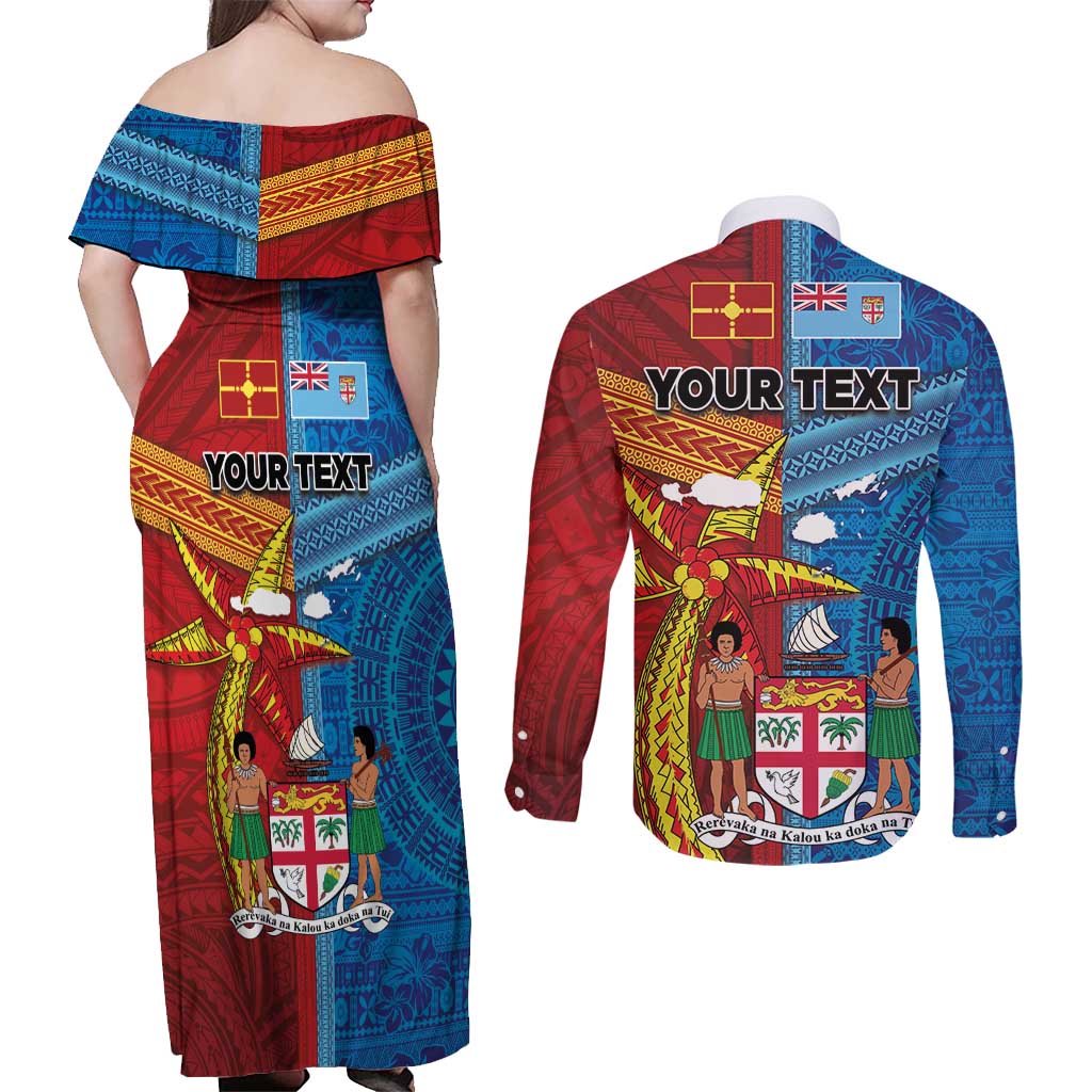Personalised Fiji and Rotuma Together Couples Matching Off Shoulder Maxi Dress and Long Sleeve Button Shirt Tapa and Pacific Art Pattern with Cultural Emblems Half Style LT03 - Polynesian Pride