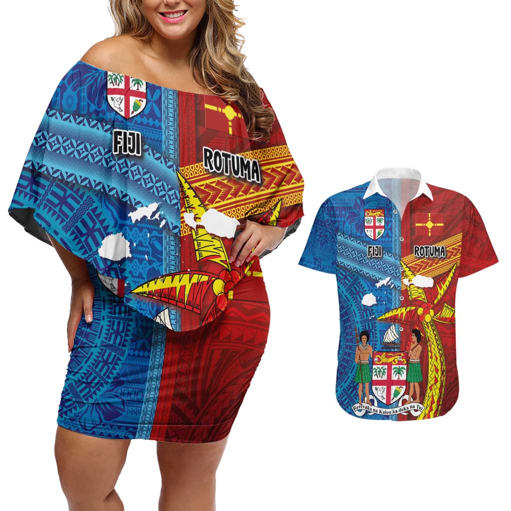 Personalised Fiji and Rotuma Together Couples Matching Off Shoulder Short Dress and Hawaiian Shirt Tapa and Pacific Art Pattern with Cultural Emblems Half Style LT03 Red - Polynesian Pride