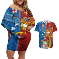 Personalised Fiji and Rotuma Together Couples Matching Off Shoulder Short Dress and Hawaiian Shirt Tapa and Pacific Art Pattern with Cultural Emblems Half Style LT03 Red - Polynesian Pride